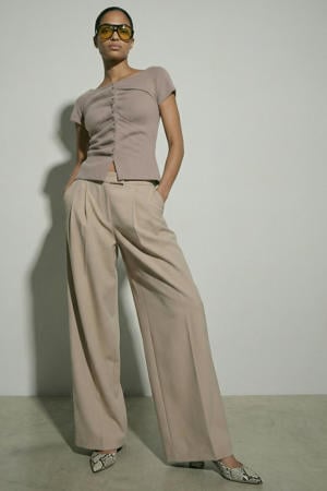 wide leg low waist pantalon gebreid beige