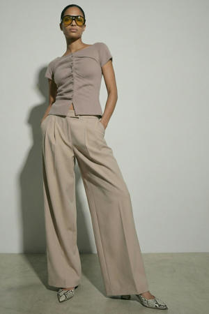 wide leg low waist pantalon gebreid beige