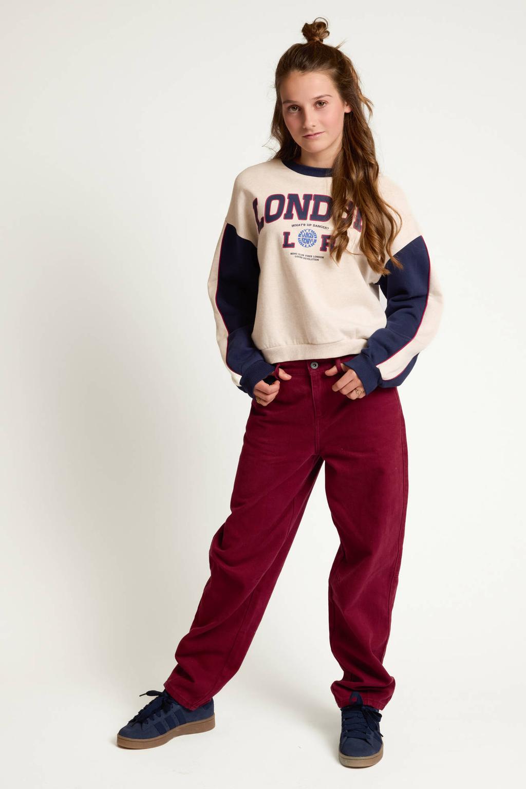 Grijs melange, grijs en donkerblauwe meisjes LOOXS 10sixteen rechtvallende sweater met printopdruk, lange mouwen, ronde hals en geribde boorden