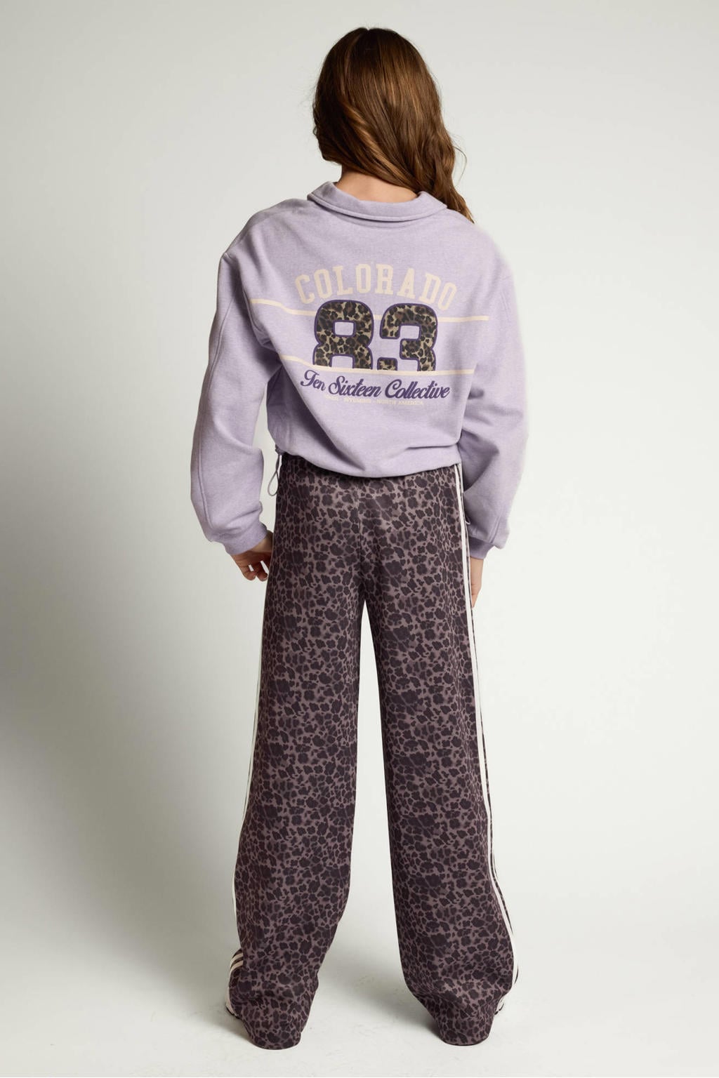 Lilakleurige meisjes LOOXS 10sixteen boxy sweater van stretchkatoen met backprint, lange mouwen, polo kraag, trekkoorden en tunnelkoord