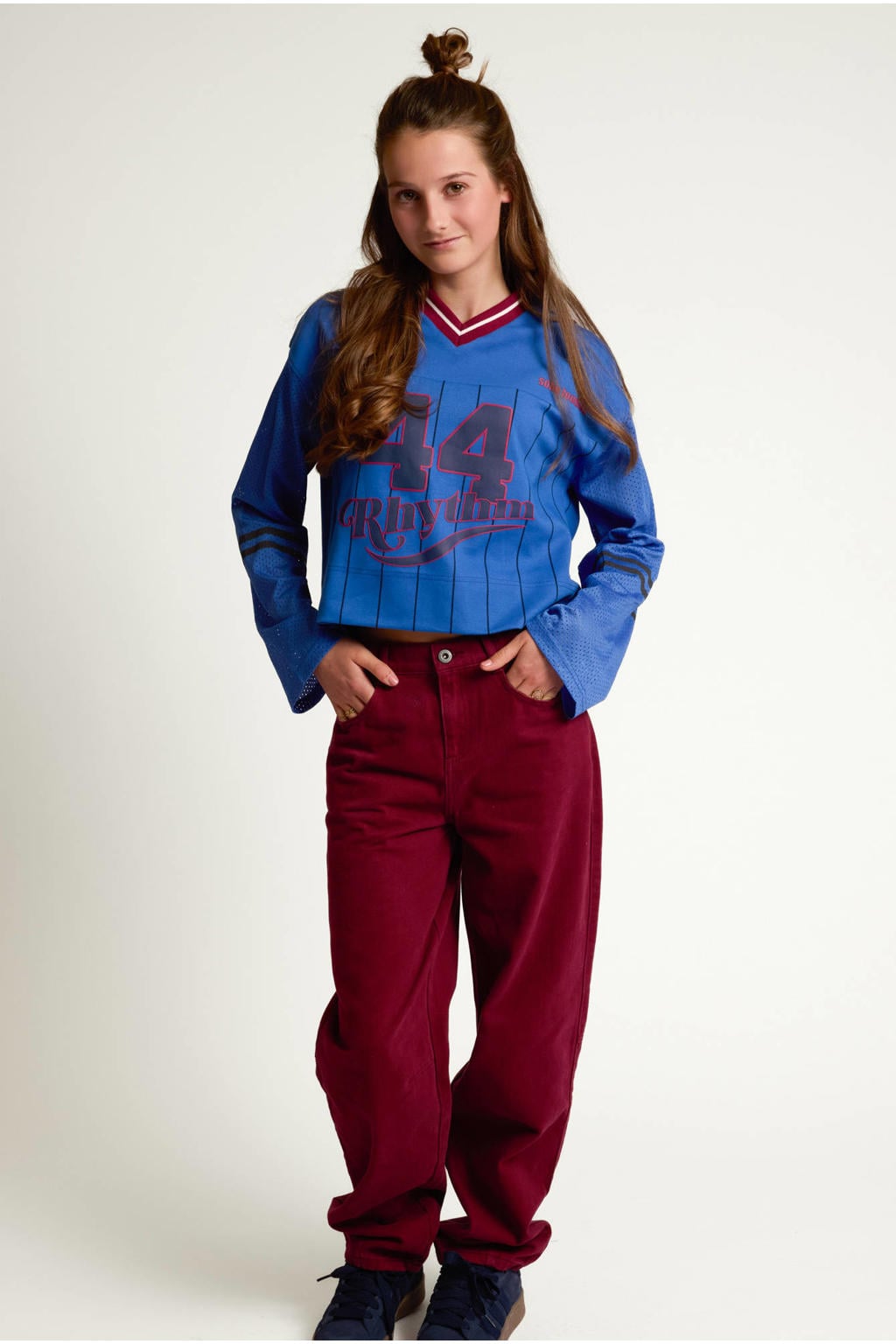 Blauwe meisjes LOOXS 10sixteen rechtvallende longsleeve van stretchkatoen met printopdruk, lange mouwen, ronde hals en contrast bies