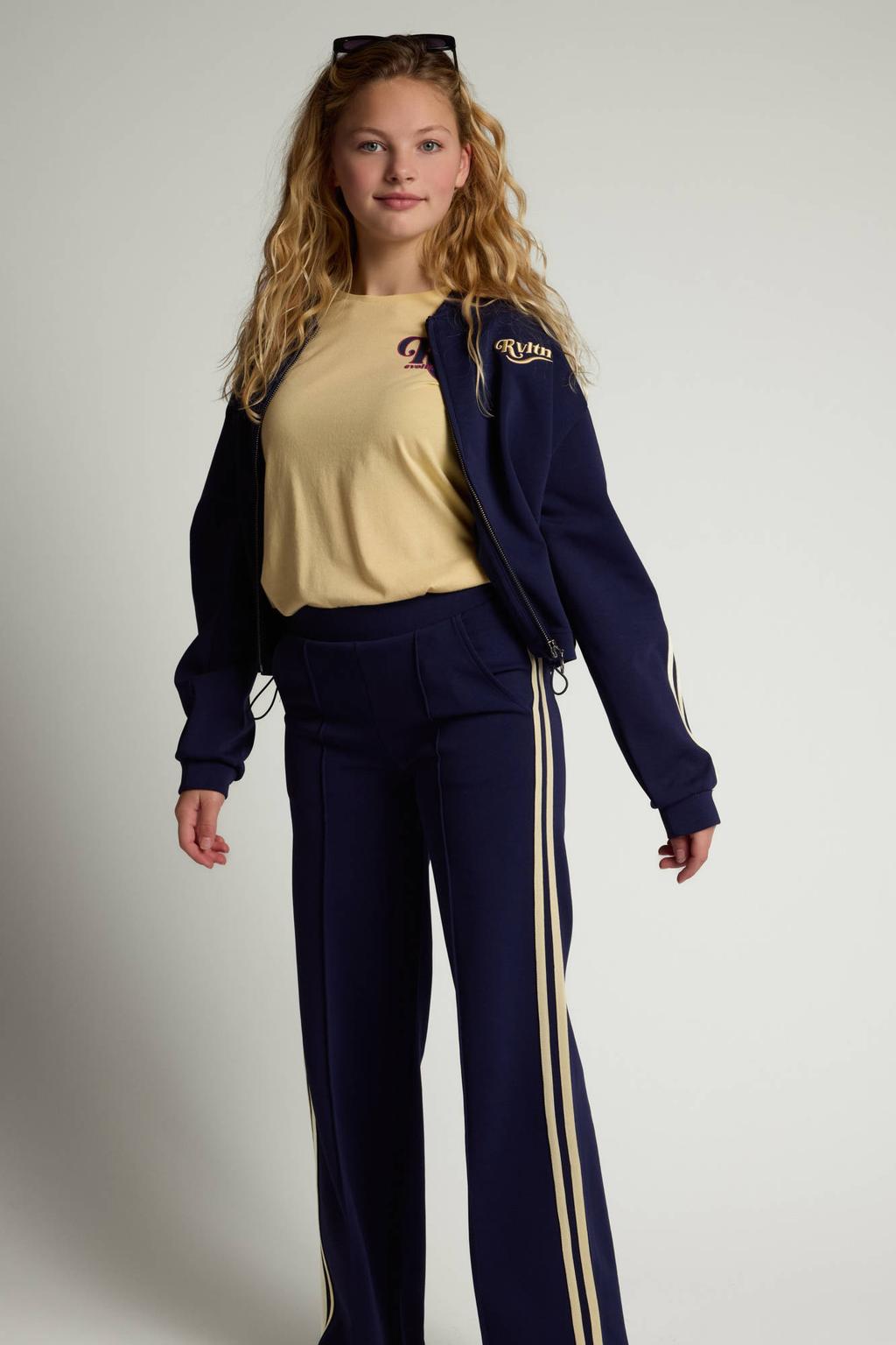 Donkerblauwe meisjes LOOXS 10sixteen relaxed fit gestreepte sweatpants van stretchkatoen met regular waist en elastische tailleband