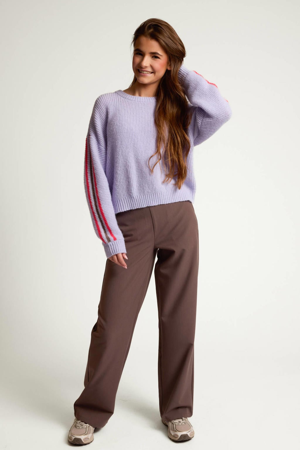 Taupe meisjes LOOXS 10sixteen loose fit pantalon van polyester met regular waist en elastische inzet