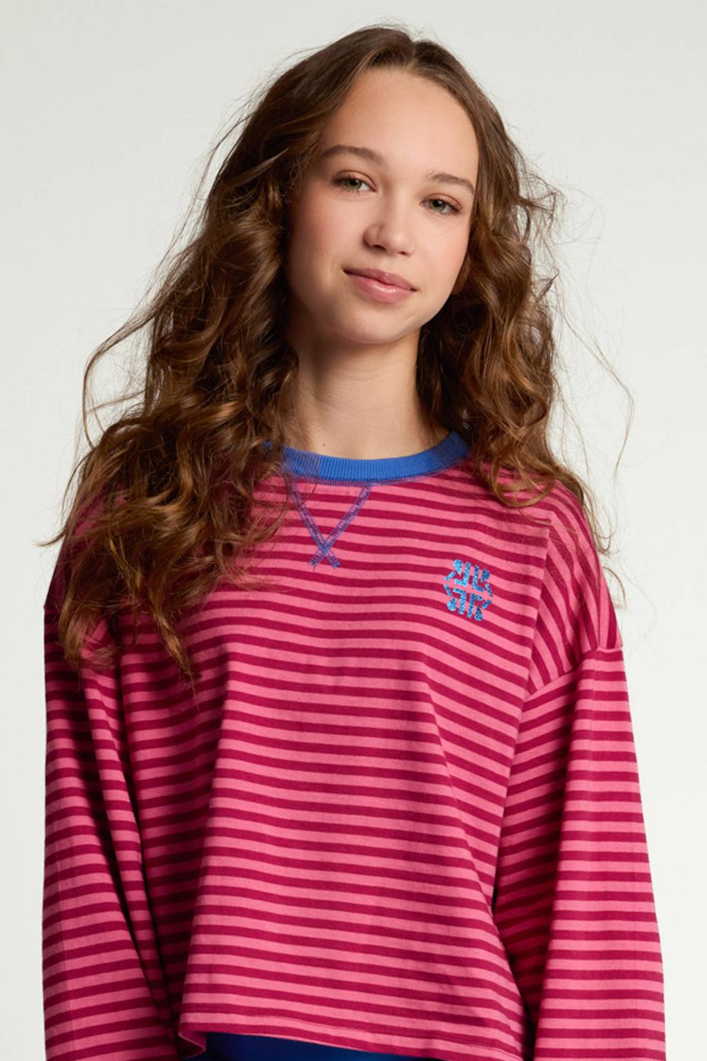 Donkerrood en roze meisjes LOOXS 10sixteen rechtvallende gestreepte longsleeve van katoen met backprint, lange mouwen, ronde hals en contrast bies