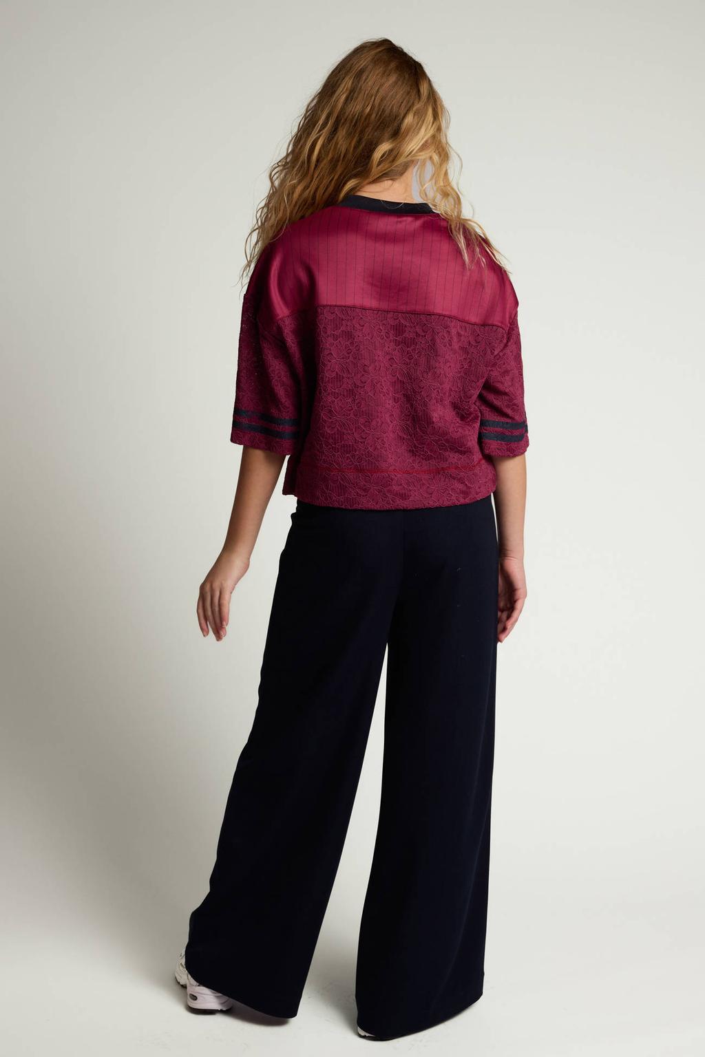 Donkerrode meisjes LOOXS 10sixteen kanten rechtvallend T-shirt met printopdruk, half lange mouwen, V-hals en contrast bies