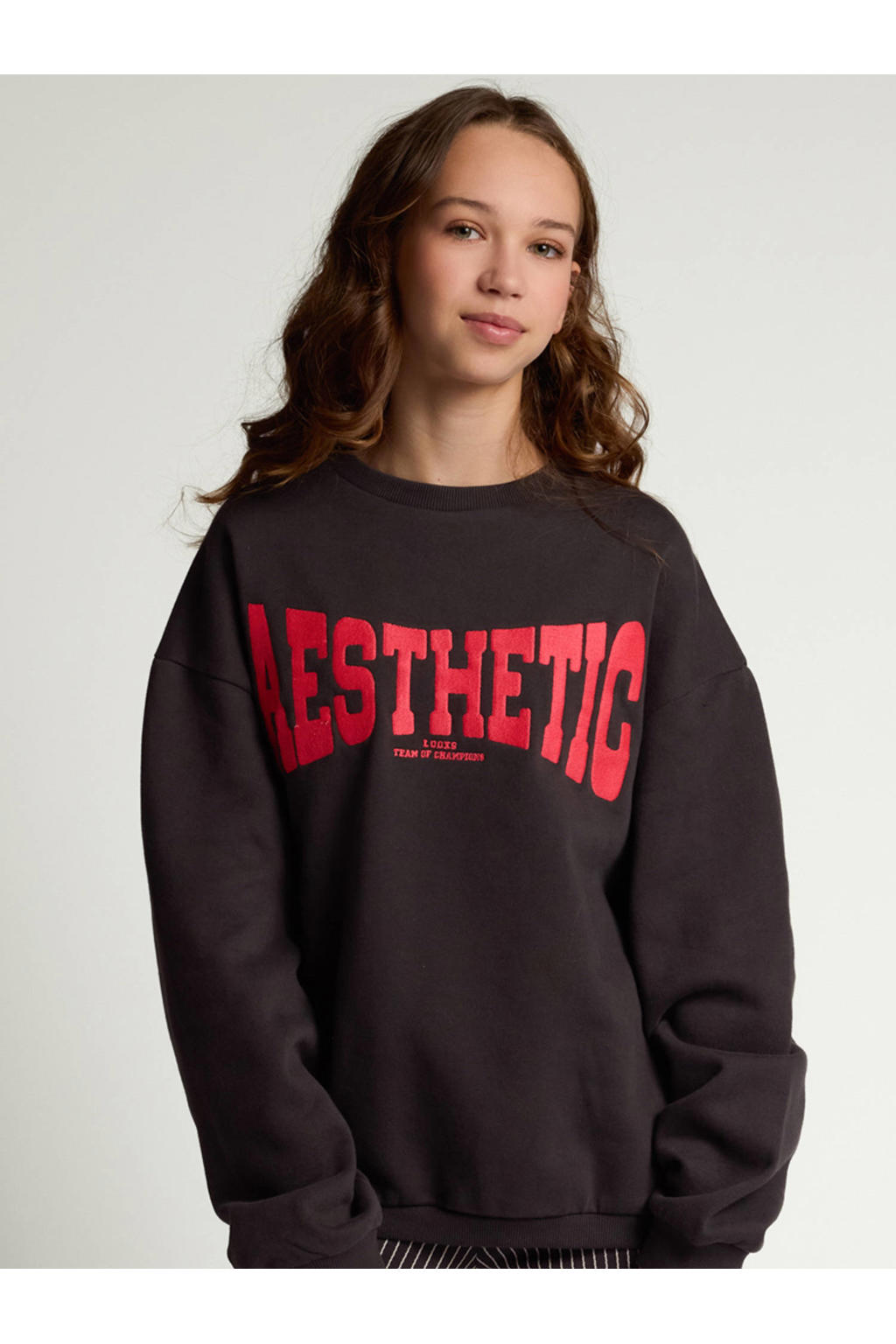 Antraciete meisjes LOOXS 10sixteen oversized sweater van katoen met tekst print, lange mouwen, ronde hals en borduursels