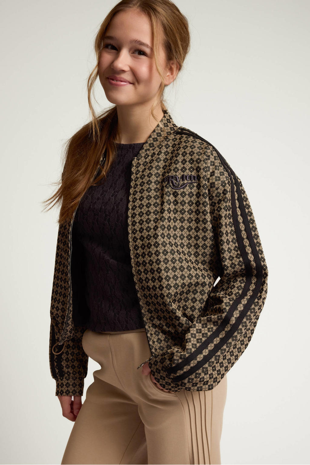 Antraciete meisjes LOOXS 10sixteen kanten aansluitende longsleeve met lange mouwen en ronde hals