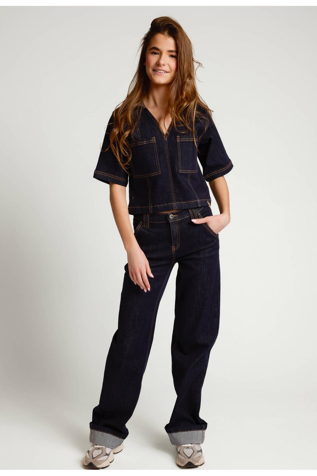 Dark blue denim meisjes LOOXS 10sixteen boxy blousetop van stretchdenim met half lange mouwen en polo kraag
