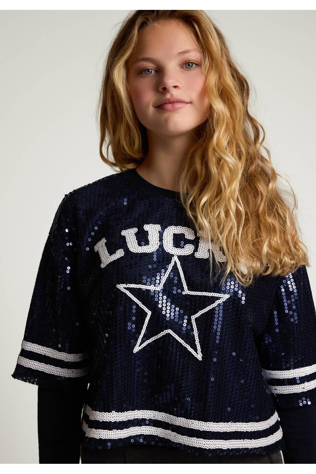 LOOXS 10sixteen rechtvallende longsleeve met sterren en pailletten - donkerblauw