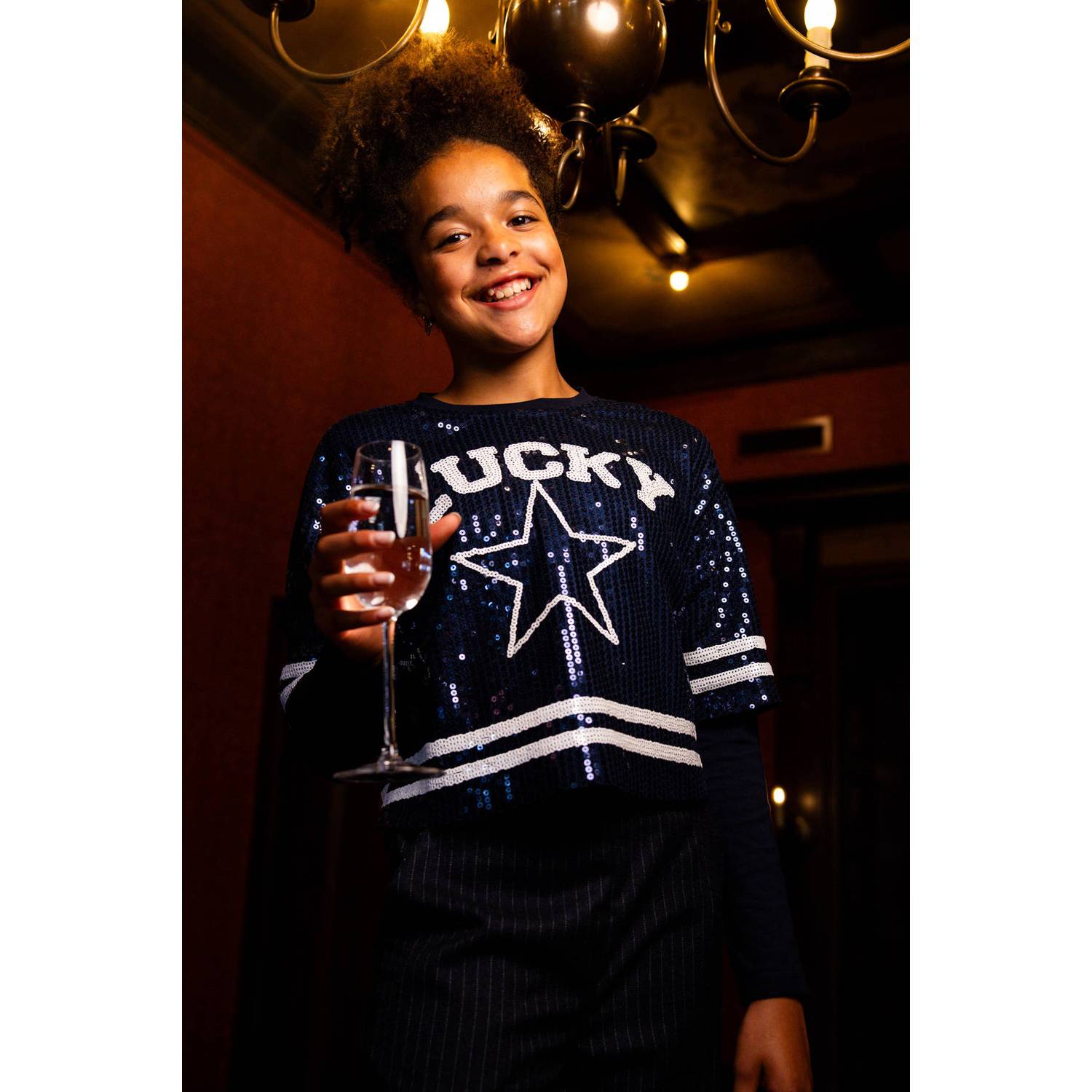 LOOXS 10sixteen rechtvallende longsleeve met sterren en pailletten donkerblauw