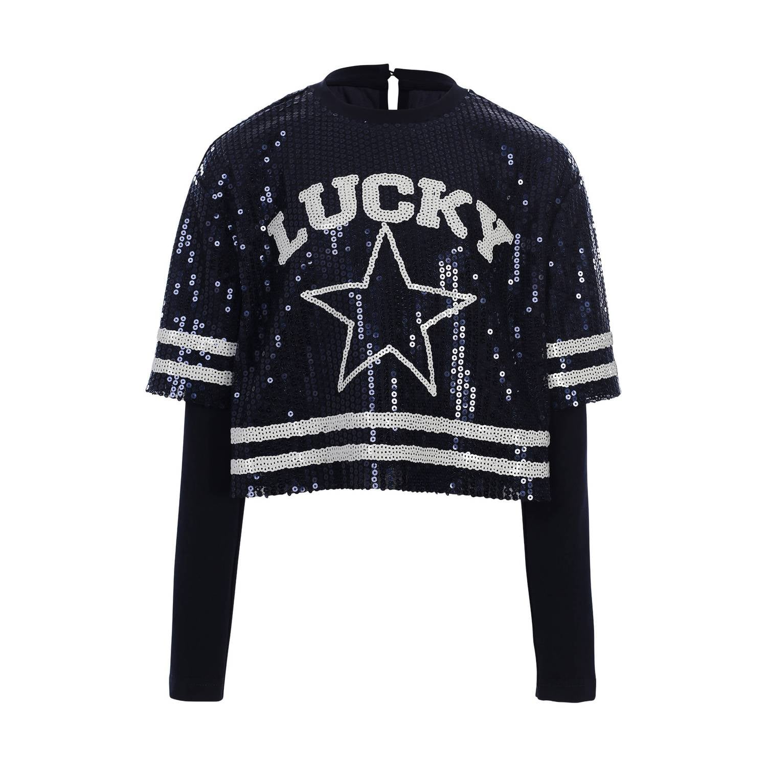 LOOXS 10sixteen rechtvallende longsleeve met sterren en pailletten donkerblauw