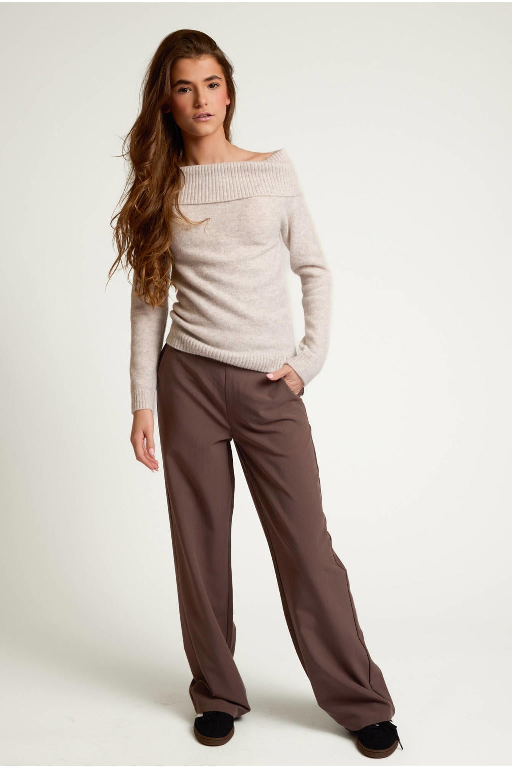 Grijs melange meisjes LOOXS 10sixteen aansluitende gebreide trui van polyester met lange mouwen en boothals