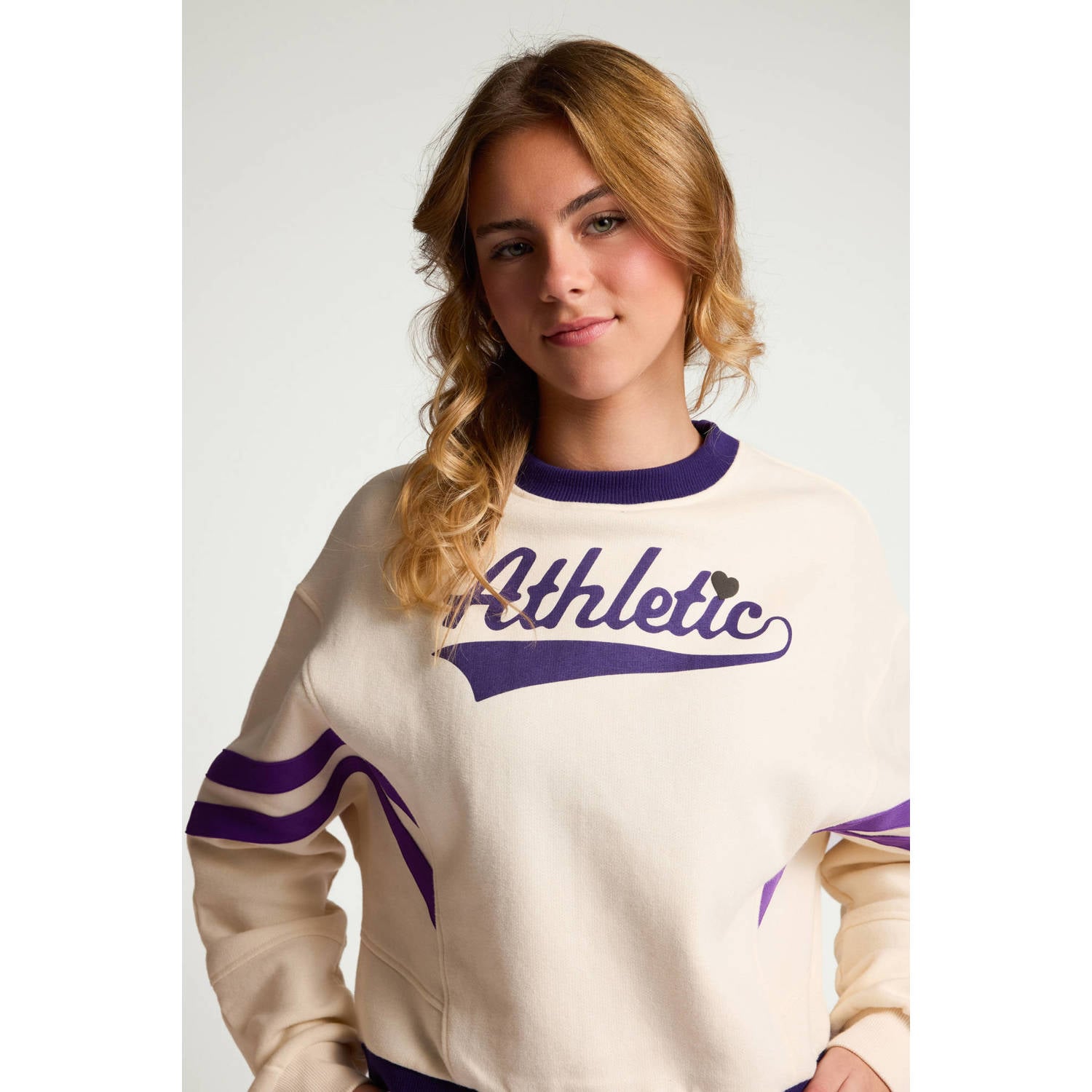 LOOXS 10sixteen oversized gestreepte sweater met tekst ecru paars