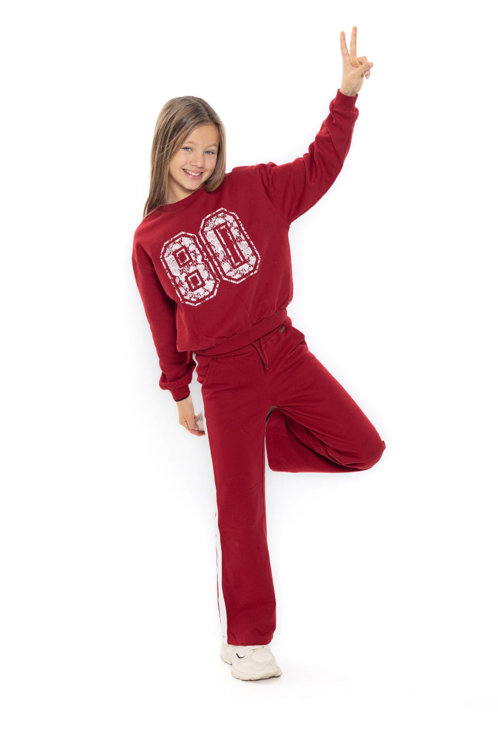 Rode meisjes No Way Monday wide leg joggingbroek van katoen met elastische tailleband met koord en effen