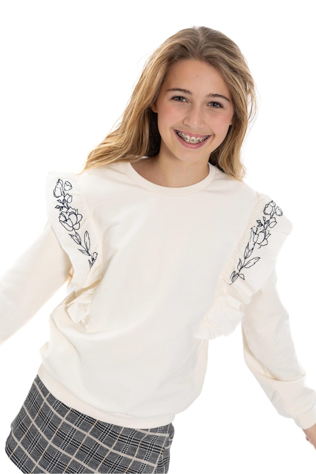 Witte meisjes No Way Monday rechtvallende sweater van katoen met effen, lange mouwen, ronde hals en ruches