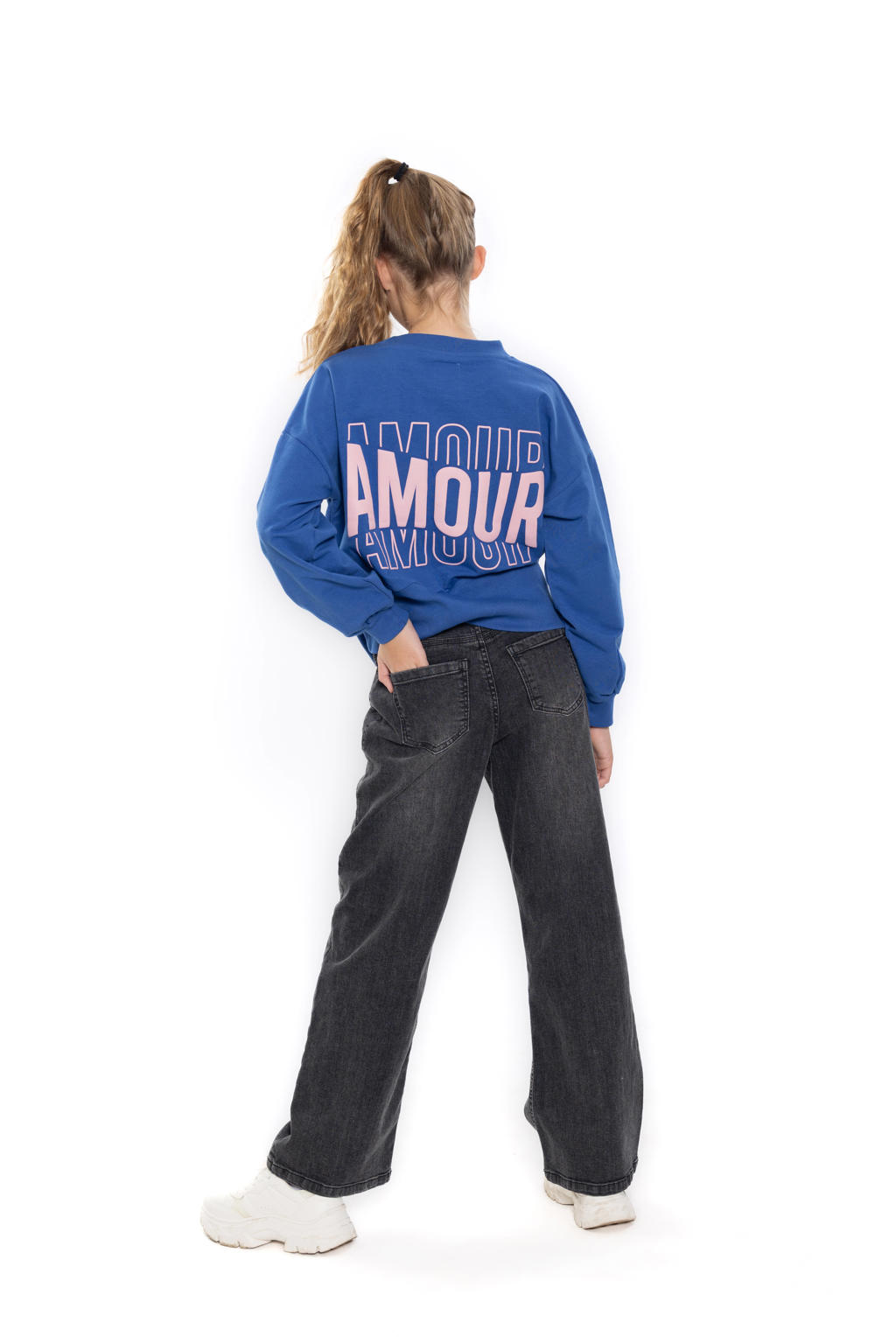No Way Monday boxy sweater met backprint - blauw