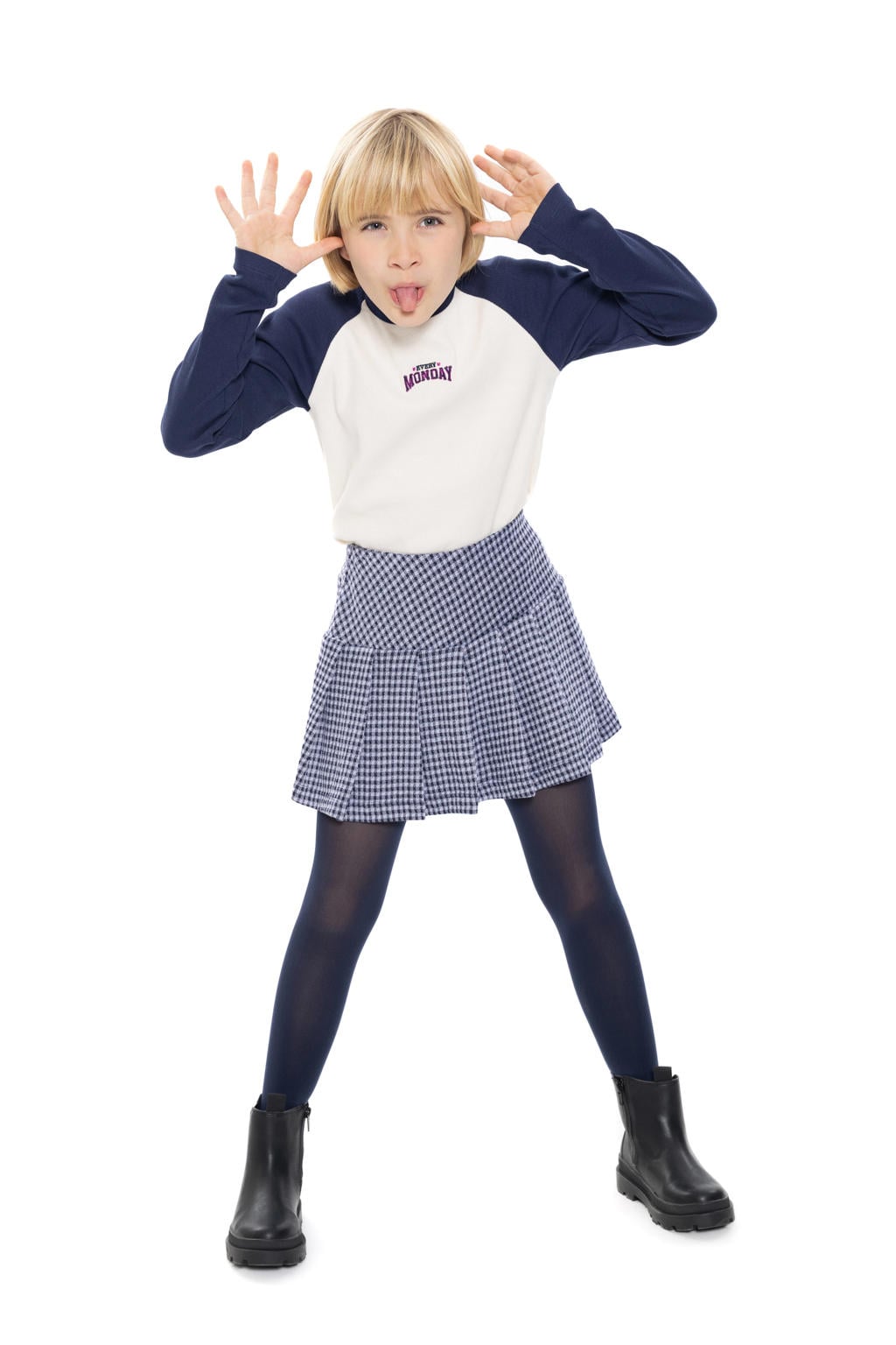 No Way Monday aansluitende longsleeve met borduursels en tekst - donkerblauw/wit