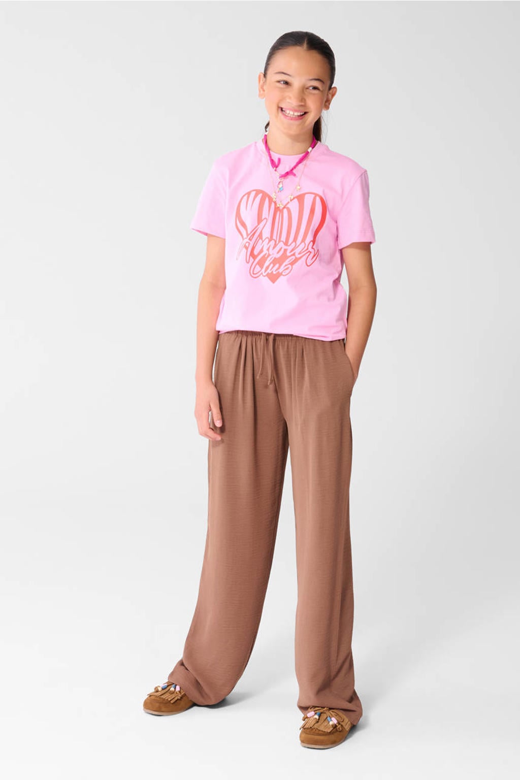 Shoeby wide leg high waist casual broek bruin