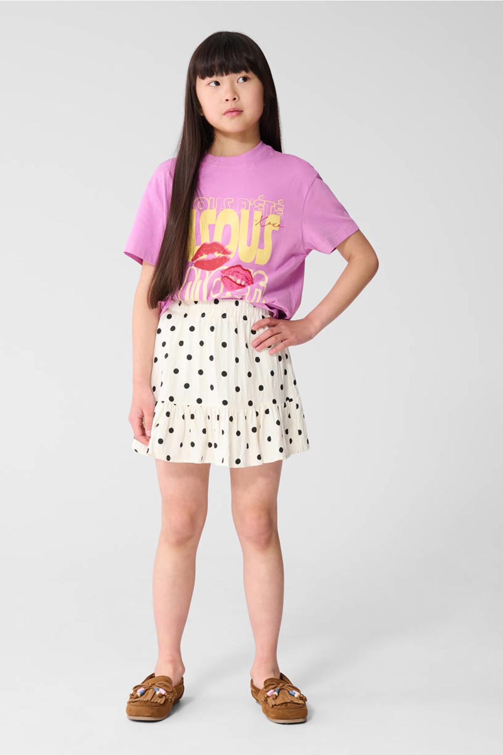 Paarse meisjes Shoeby T-shirt van katoen met printopdruk, korte mouwen en ronde hals