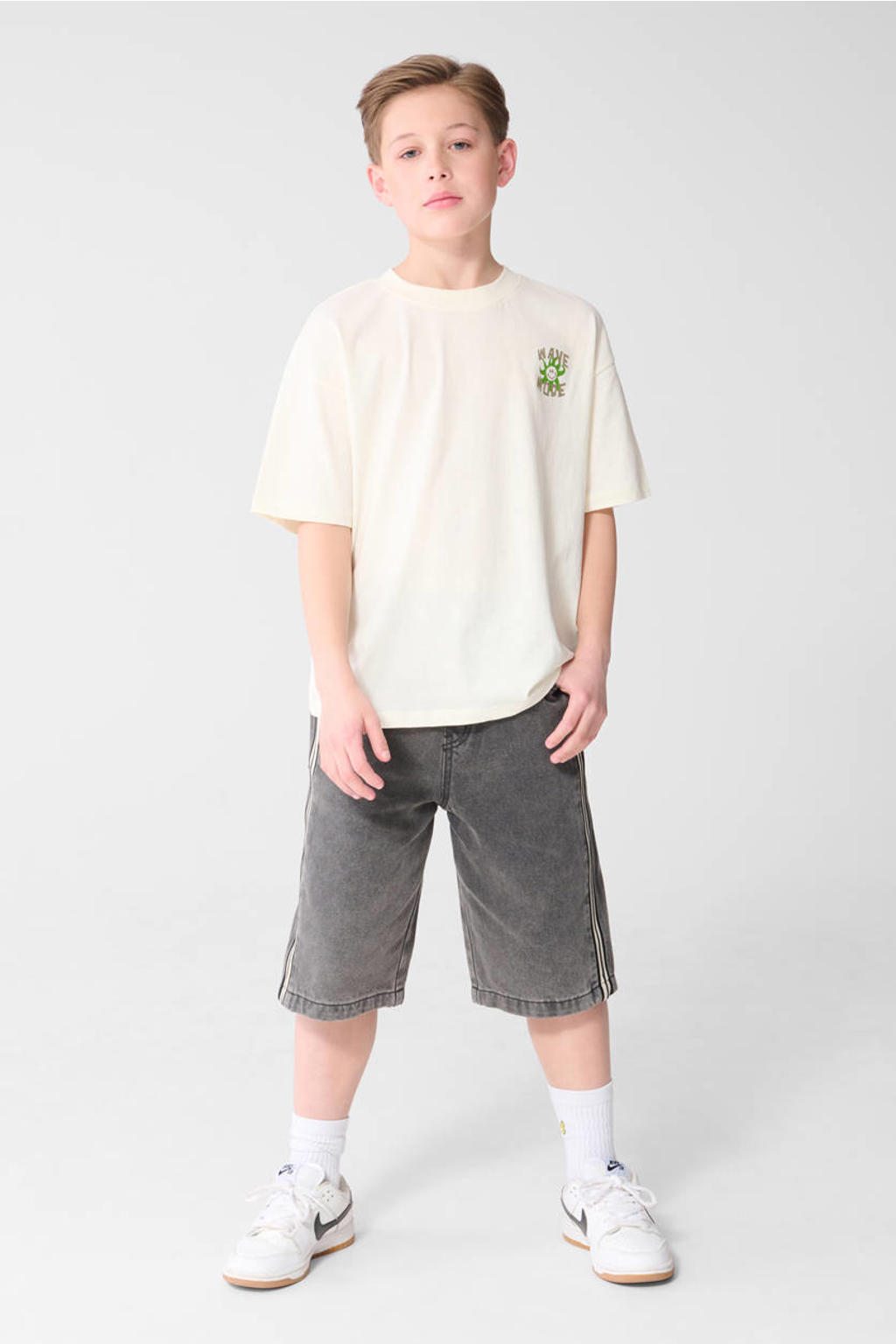 Ecru jongens Shoeby T-shirt van katoen met backprint, korte mouwen en ronde hals