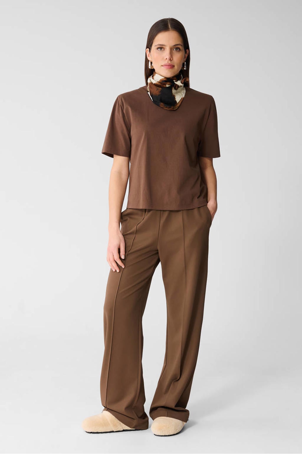 Bruine dames Shoeby wide leg high waist broek met effen