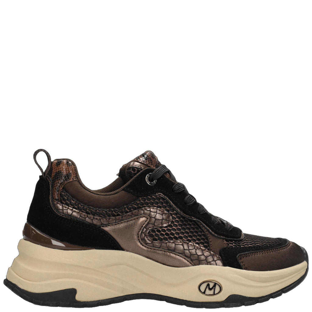 Bruin en zwarte dames Mexx Palma Ora chunky imitatieleren sneakers - van 55% polyurethaan/40% thermoplastic polyurethaan/5% leer met veters