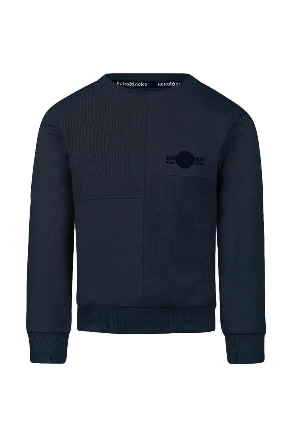 Donkerblauwe jongens Koko Noko rechtvallende sweater van stretchkatoen met effen, lange mouwen, ronde hals en drukknoopsluiting