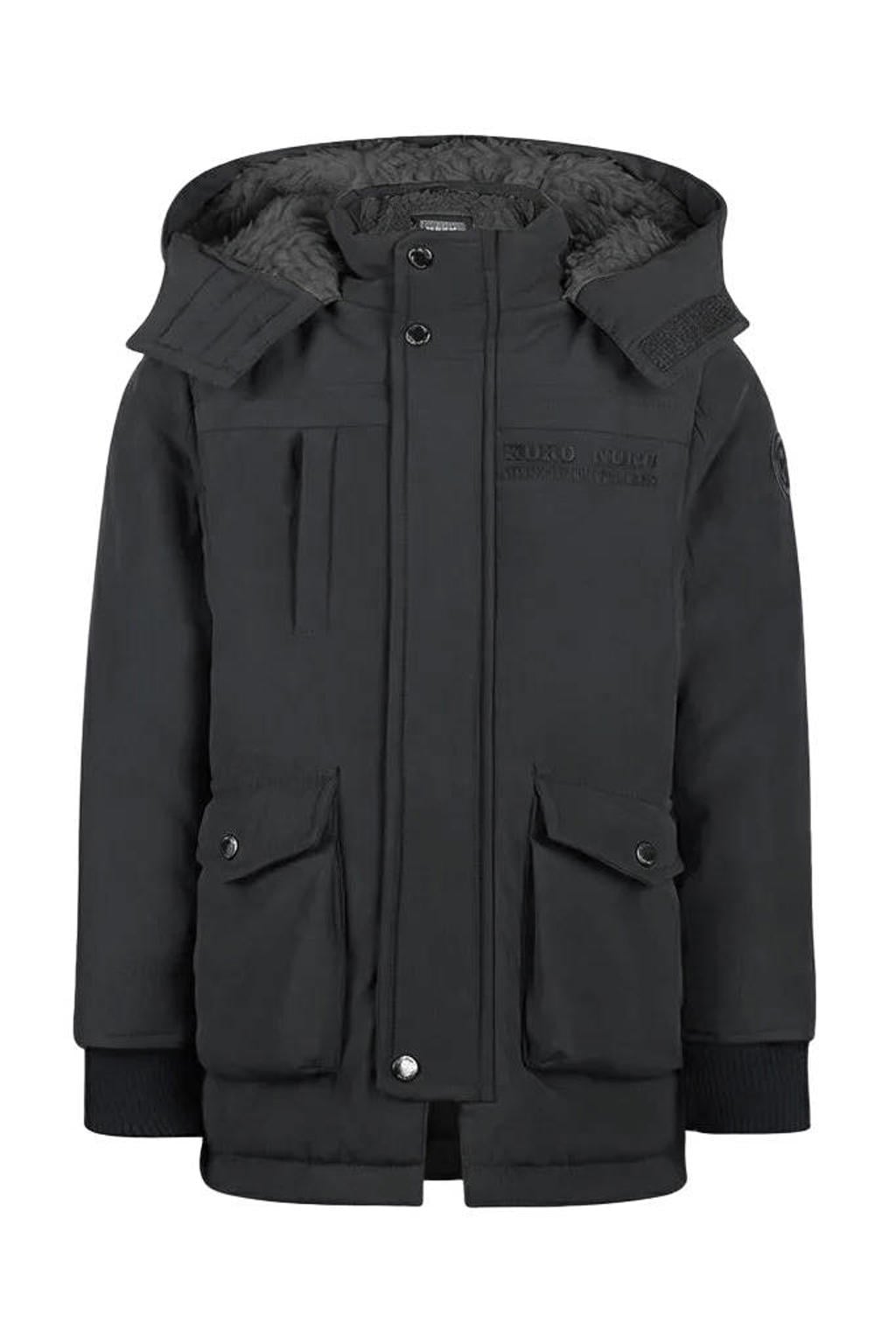 Grijze jongens Koko Noko winterparka van polyester met effen, lange mouwen, capuchon en rits- en drukknoopsluiting