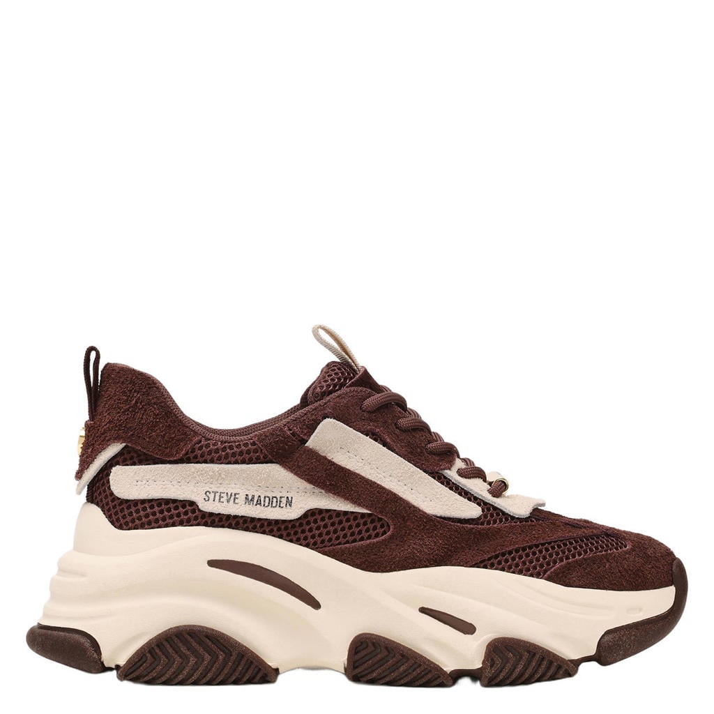 Bruin en ecru dames Steve Madden Possession-E chunky suède sneakers - met veters