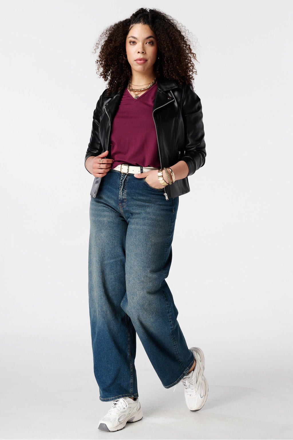 Dark blue denim dames MS Mode wide leg jeans Plus Size van denim met rits- en knoopsluiting en effen