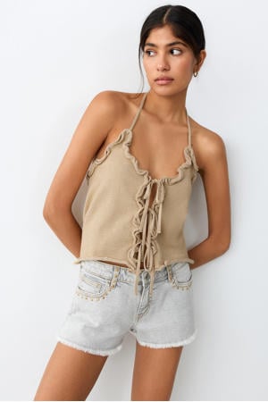 mouwloze top fijn gebreid beige