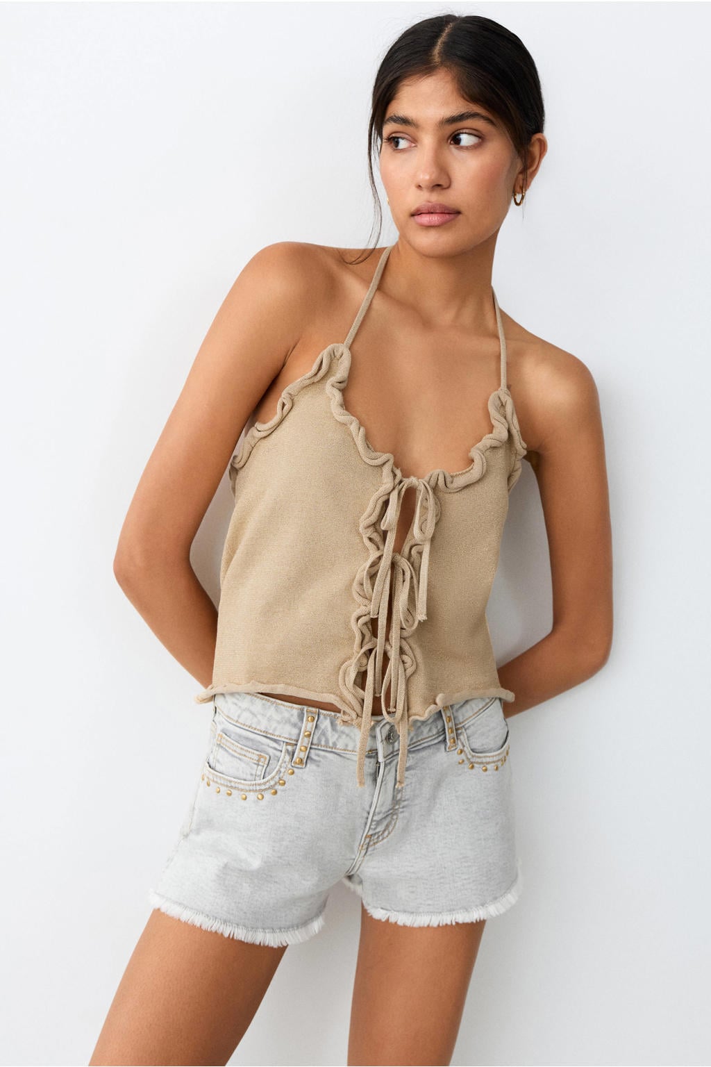 Beige meisjes MANGO TEEN mouwloze top fijn gebreid met effen, V-hals en striksluiting