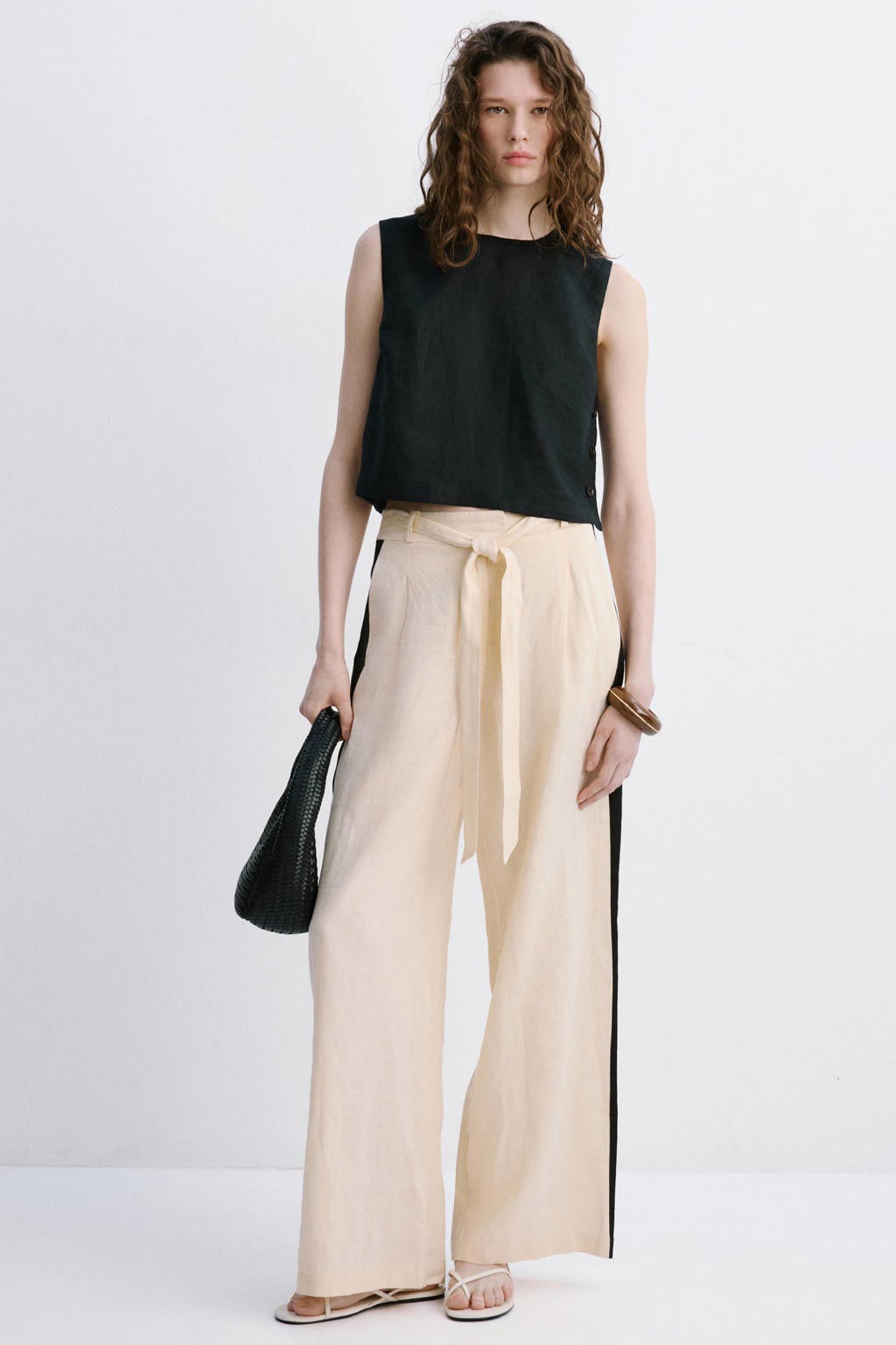 Ecru dames Mango wide leg high waist broek van linnen met rits, haak- en knoopsluiting en effen