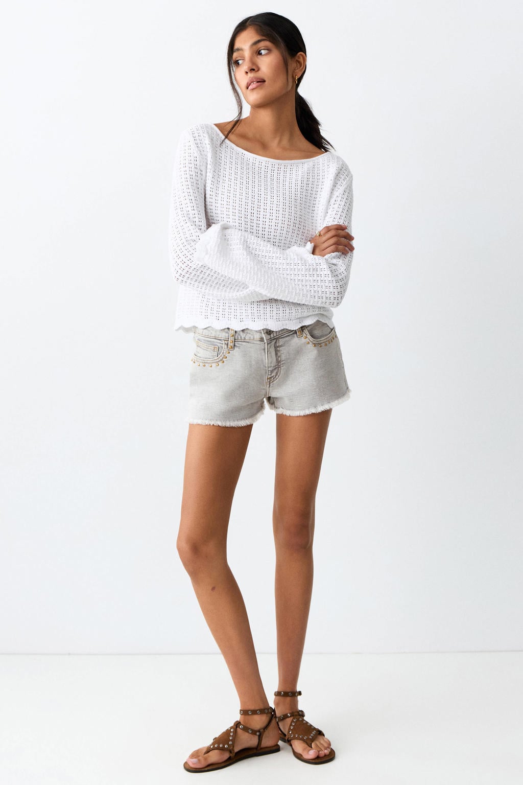 Grey denim meisjes MANGO TEEN short van katoen met rits- en knoopsluiting en effen