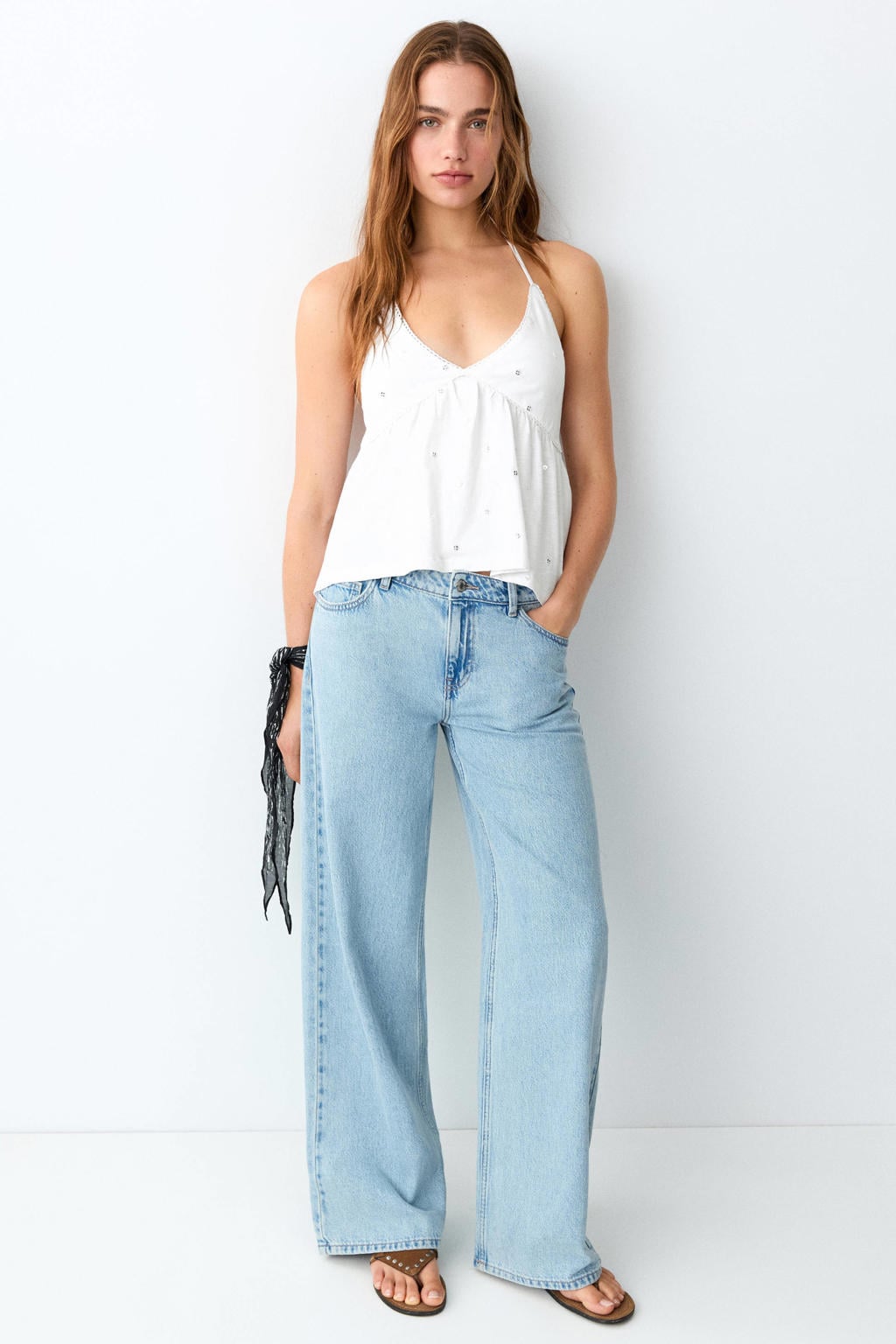 Witte meisjes MANGO TEEN mouwloze top met effen, V-hals en borduursels