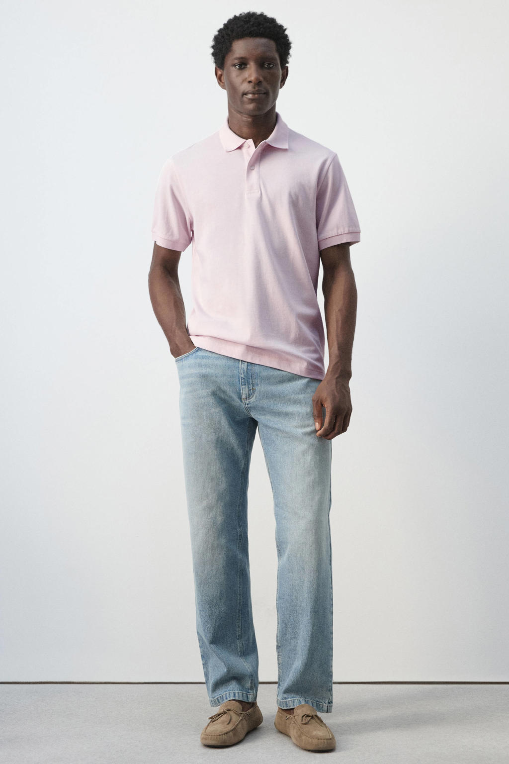 Roze heren Mango Man regular polo van katoen met effen, korte mouwen, knoopsluiting en geribde boorden