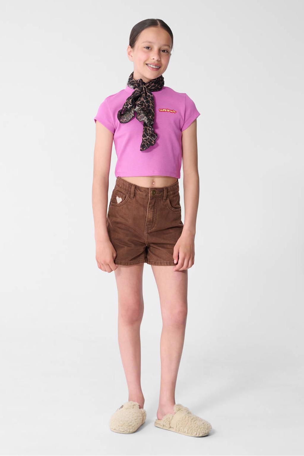 Paarse meisjes Shoeby T-shirt rib gebreid van stretchkatoen met effen, korte mouwen, ronde hals en borduursels