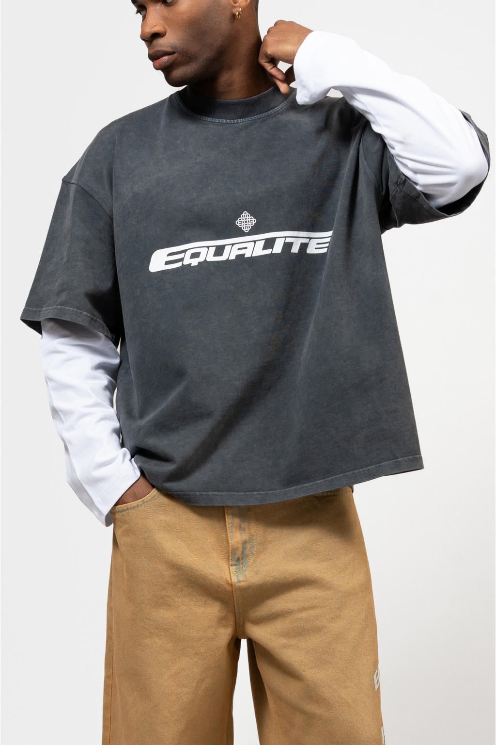 Grijze heren Equalité oversized longsleeve van katoen met backprint, lange mouwen en ronde hals