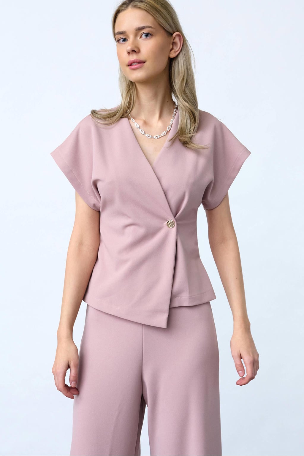 Oudroze dames SisterS Point top van polyester met effen, korte mouwen en V-hals