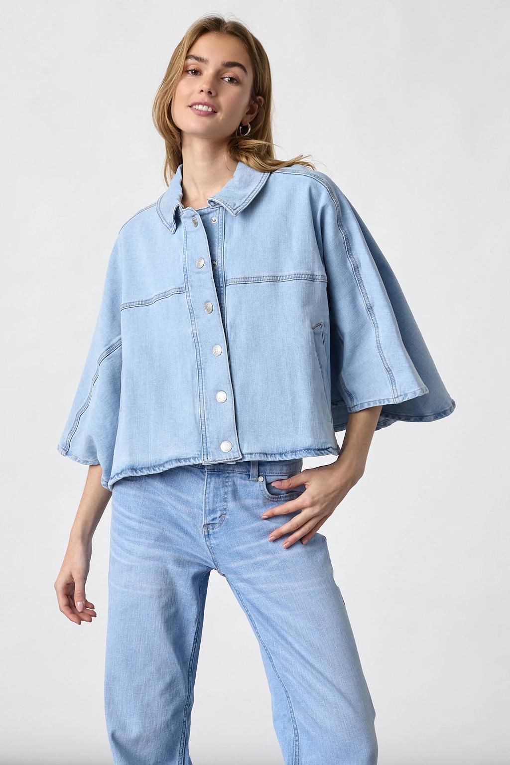 Light blue denim dames SisterS Point blouse van denim met knoopsluiting en effen