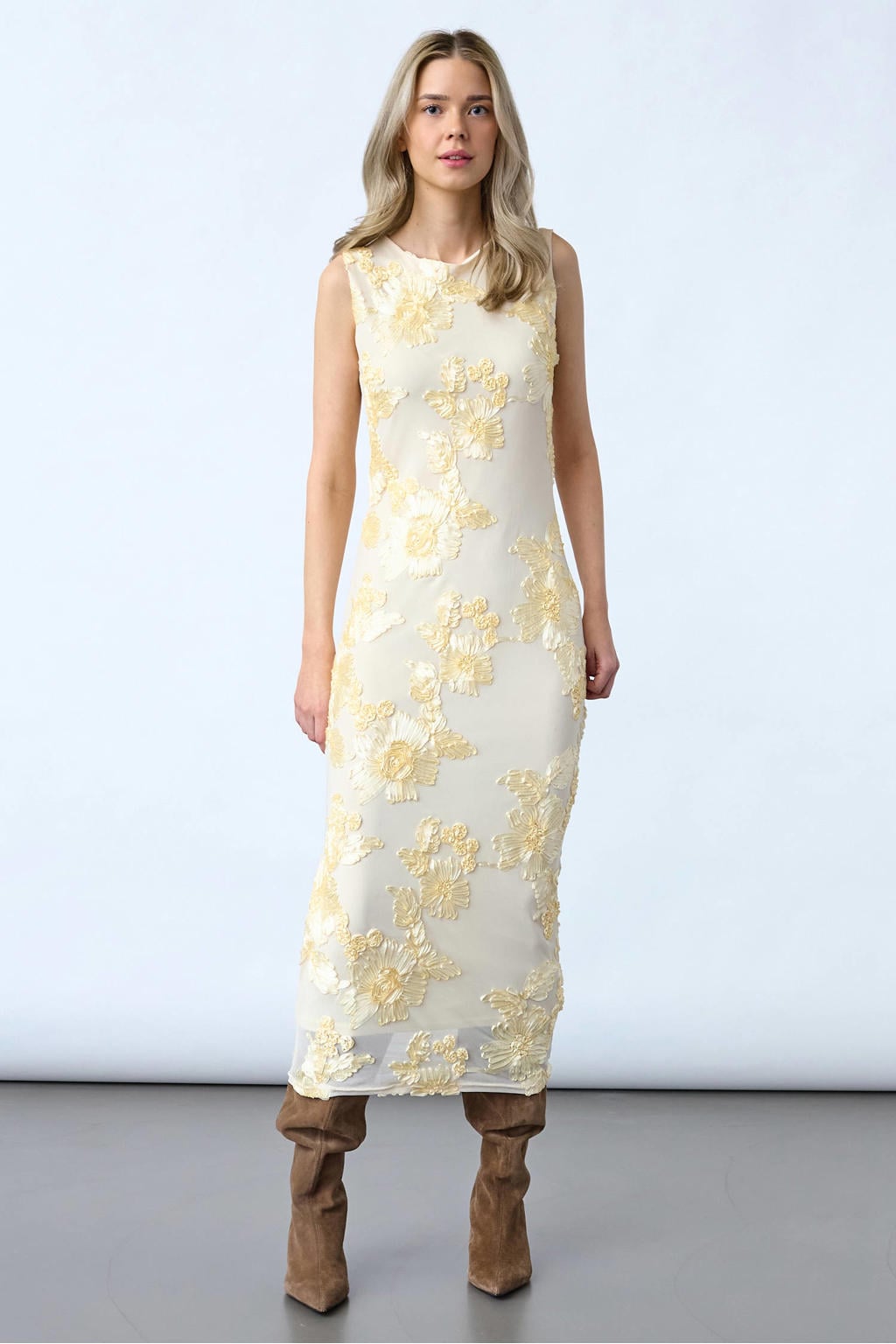 Lichtgele dames SisterS Point midi jurk van polyester met effen en ronde hals