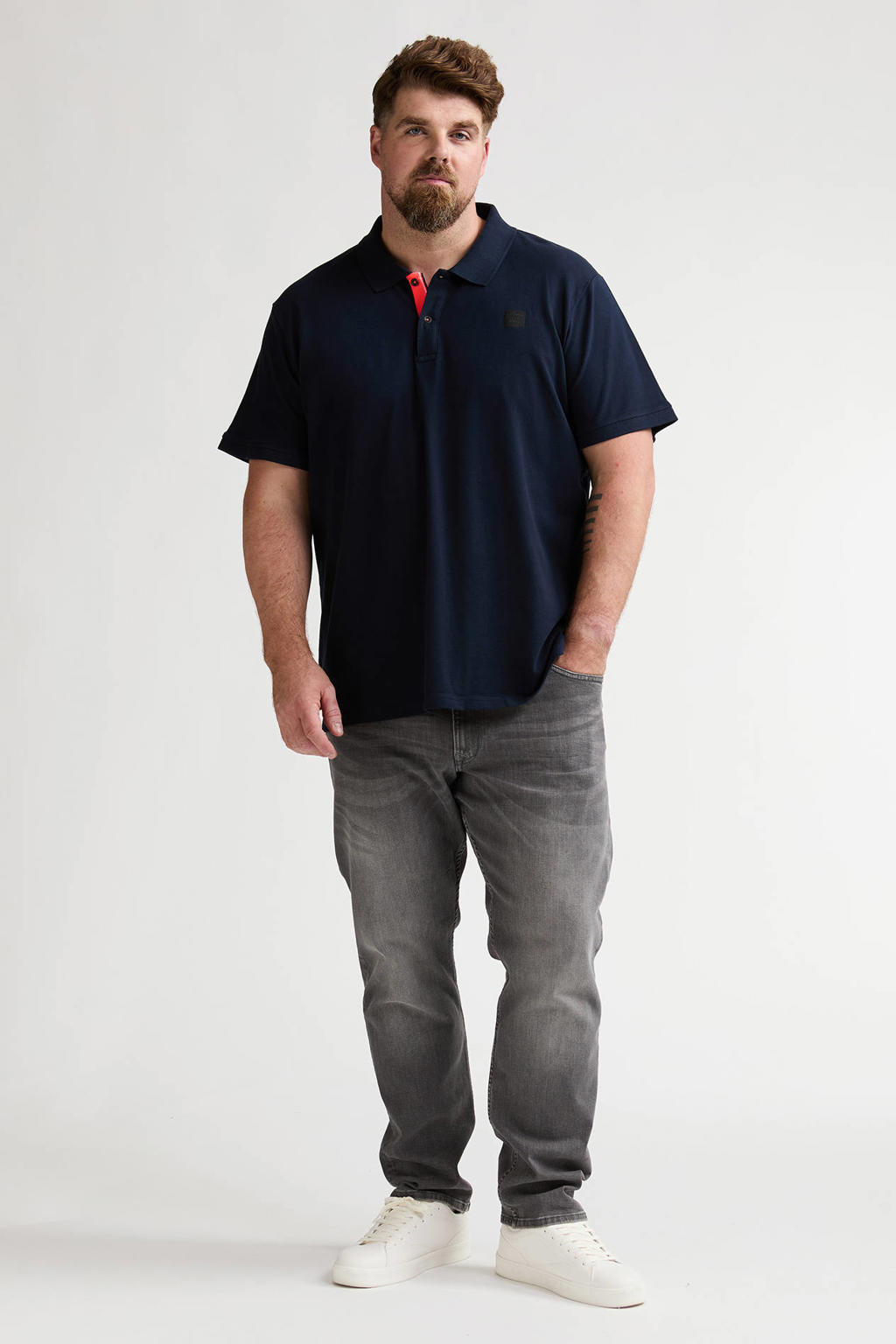 Donkerblauwe heren Petrol industries Plus Size regular polo van katoen met effen, korte mouwen, knoopsluiting en geribde boorden