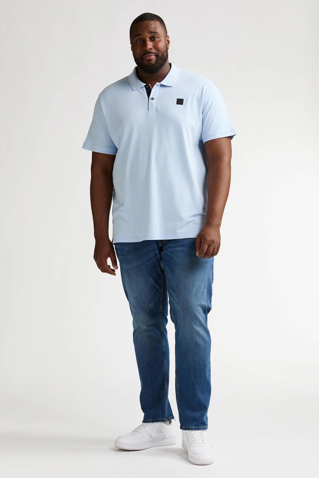 Lichtblauwe heren Petrol industries Plus Size regular polo van katoen met effen, korte mouwen, knoopsluiting en geribde boorden