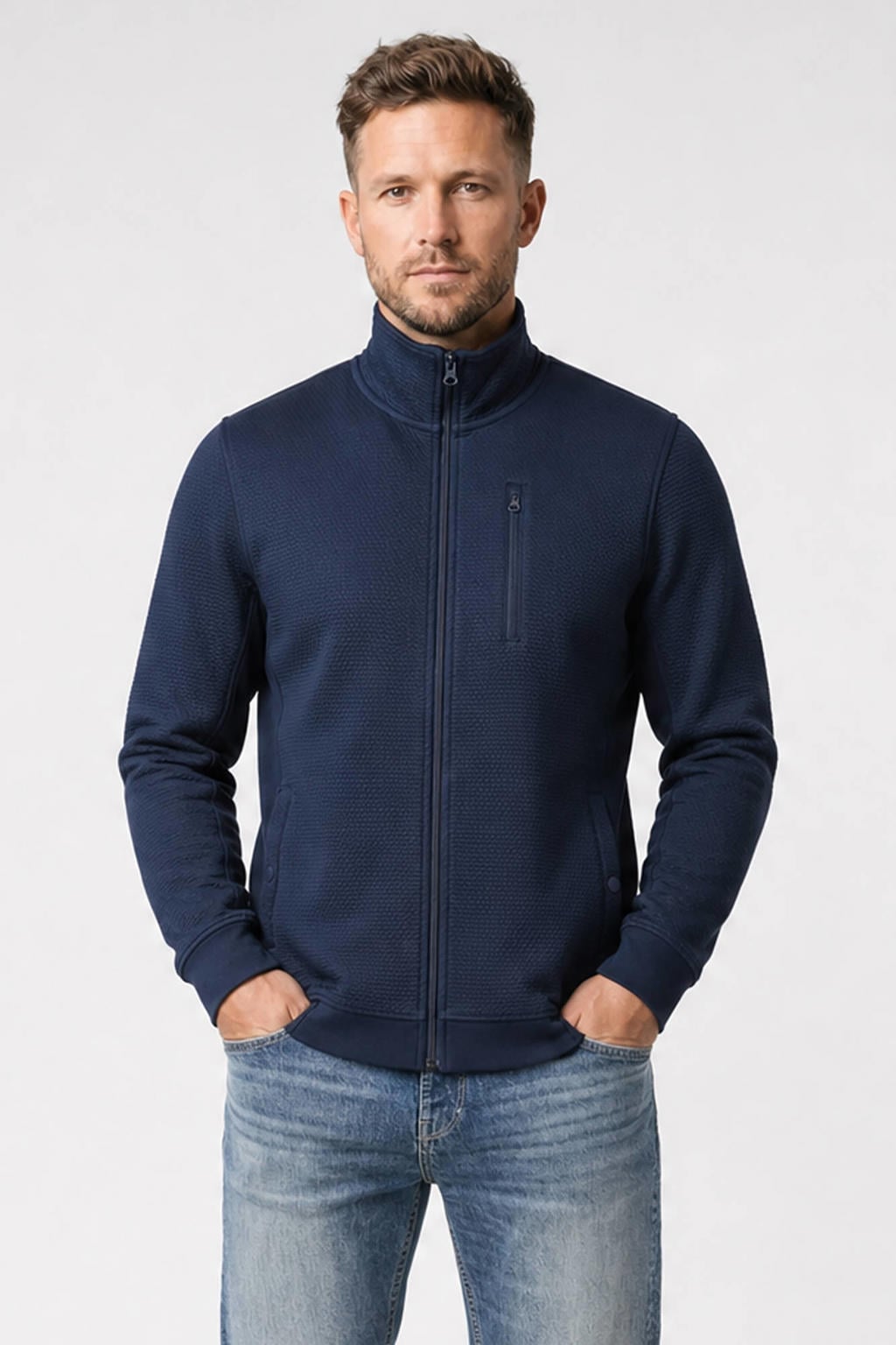 Donkerblauwe heren Cars sweatvest met effen, lange mouwen, opstaande kraag, ritssluiting en geribde boorden