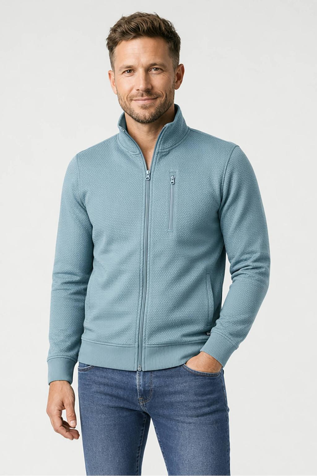 Blauwe heren Cars sweatvest met effen, lange mouwen, opstaande kraag, ritssluiting en geribde boorden