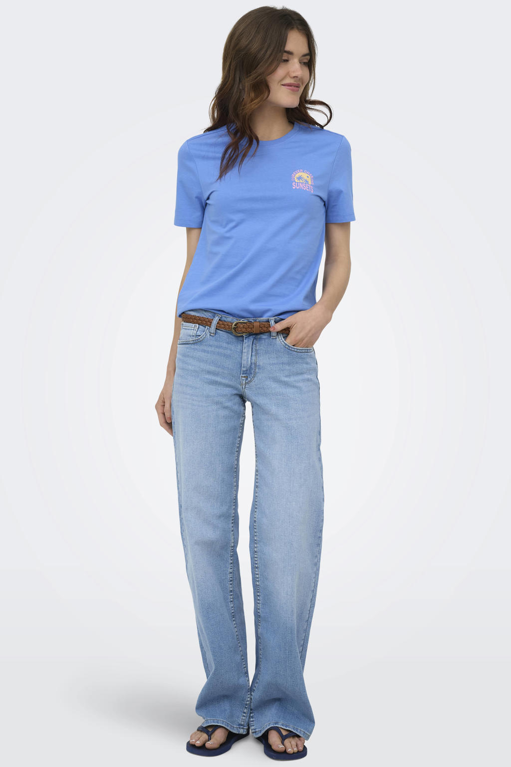 Blauw, geel en roze dames ONLY T-shirt van katoen met backprint, korte mouwen en ronde hals