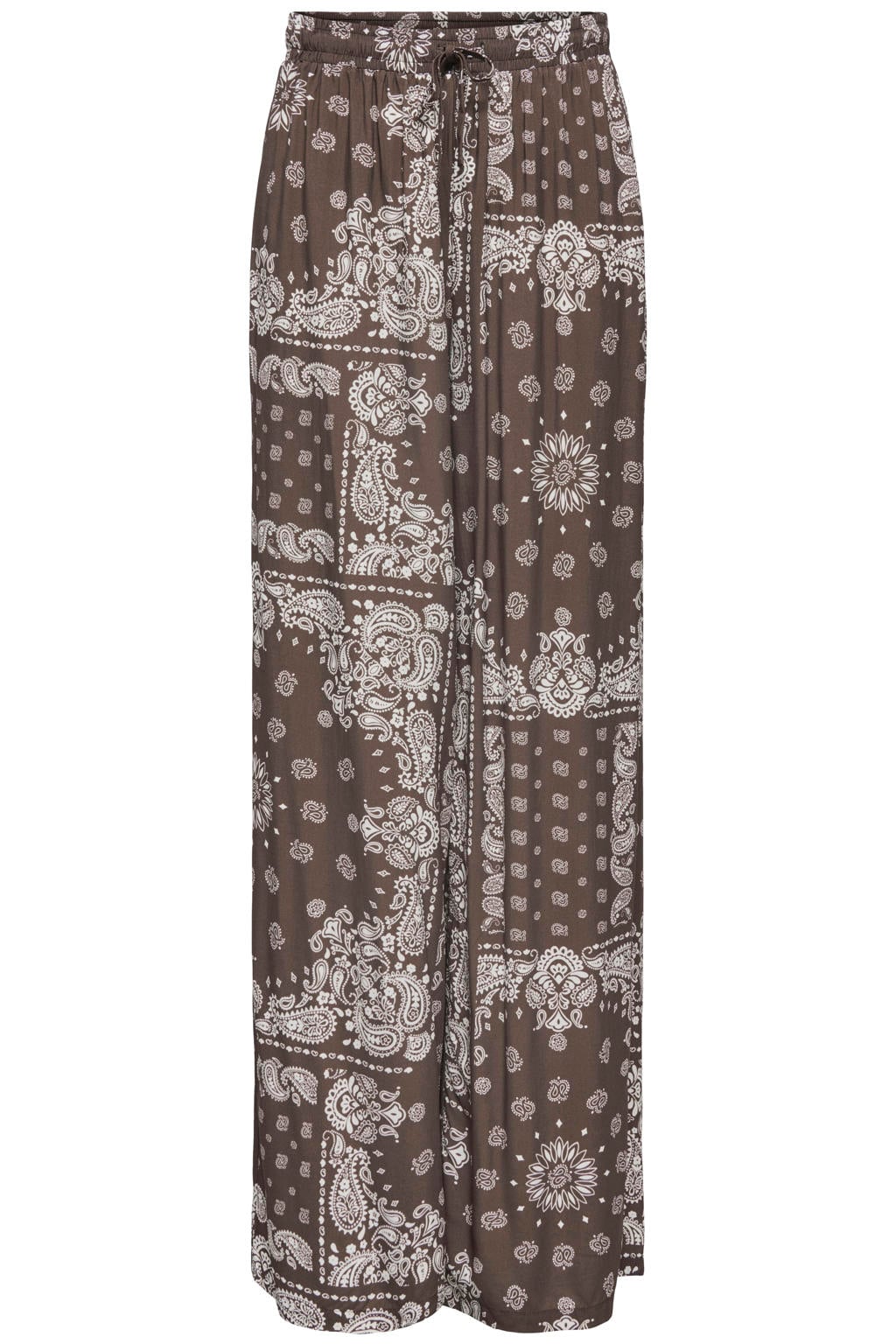 Bruin en witte dames ONLY wide leg regular waist casual broek van modal met elastische tailleband met koord