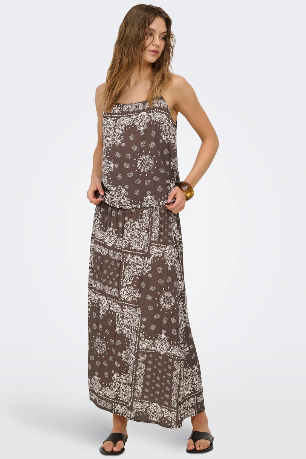 Bruin en witte dames ONLY top van viscose met spaghettibandjes, vierkante hals en geweven detail