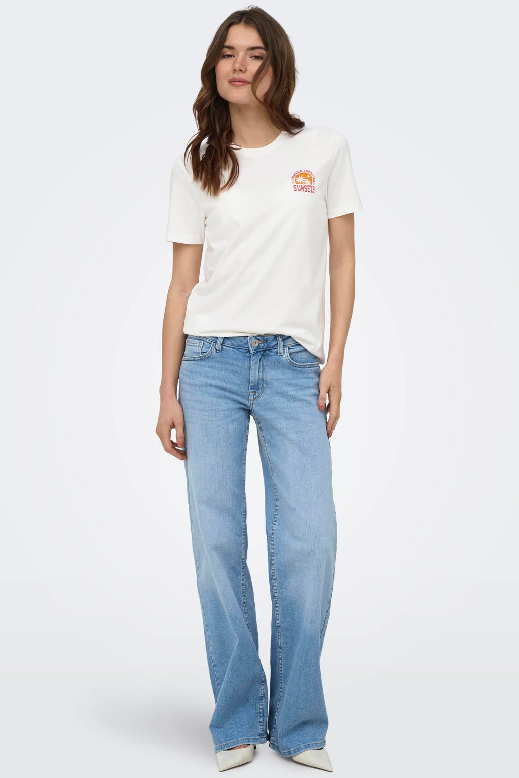 Ecru, geel en roze dames ONLY T-shirt van katoen met backprint, korte mouwen en ronde hals