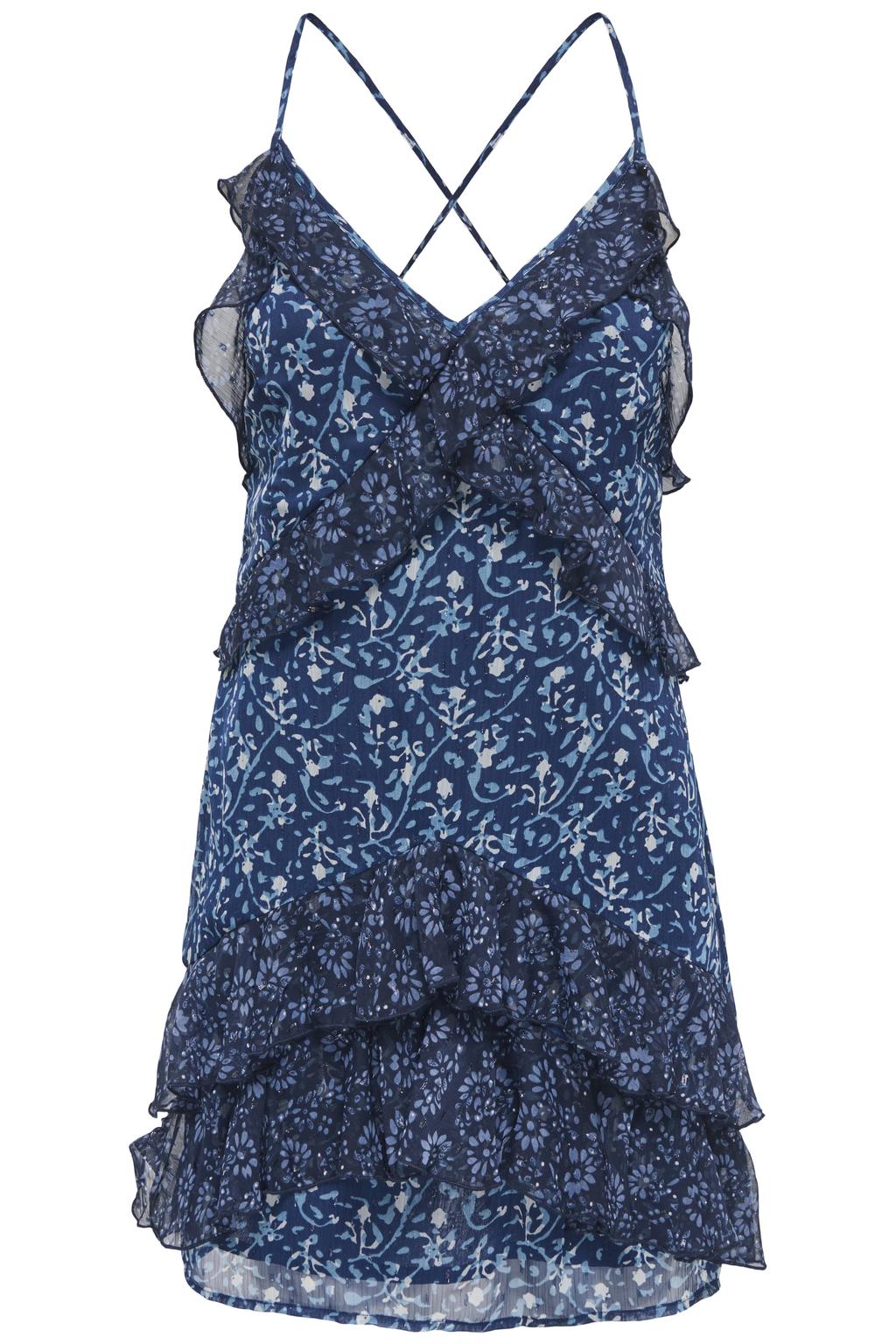 Blauw en witte dames ONLY gebloemde jurk van polyester met V-hals, striksluiting en ruches
